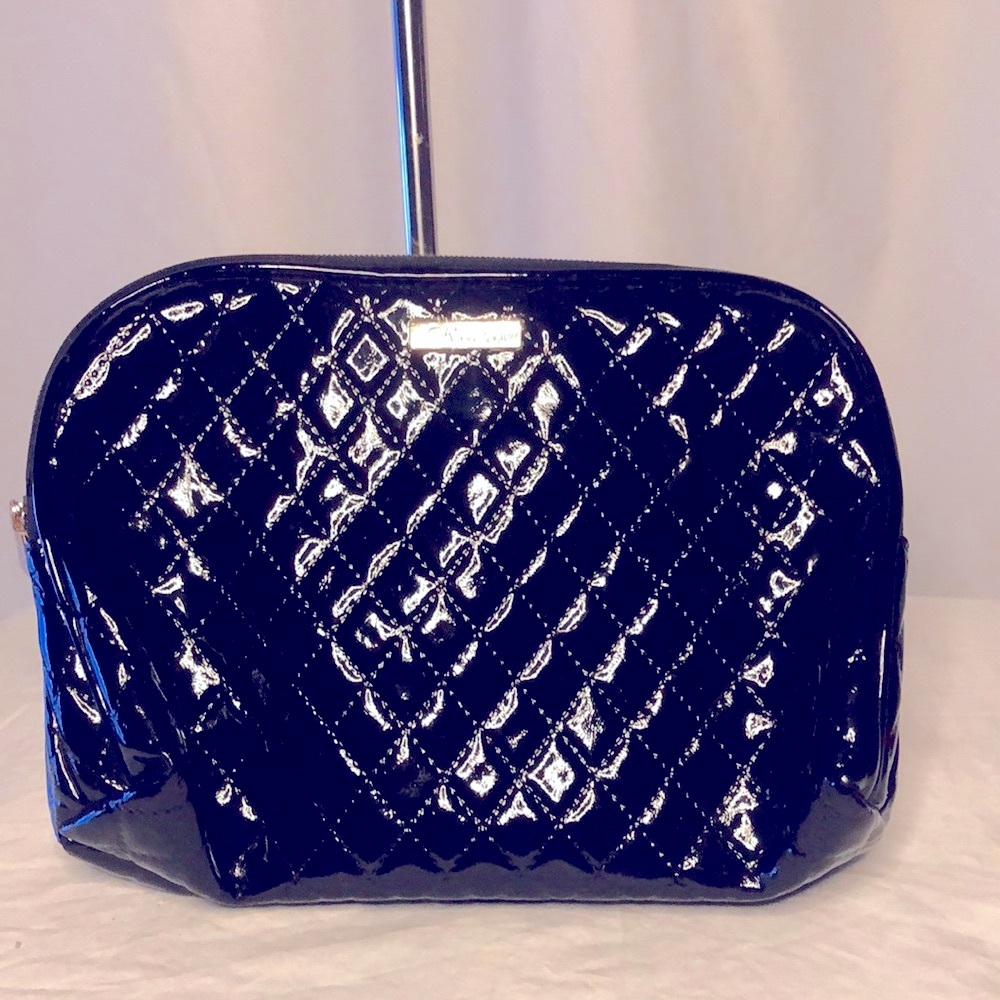 JOAN & DAVID black patent leather double compartment cosmetic bag.